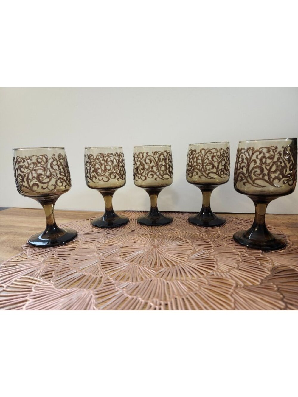 Libbey Prado Tawny Brown Raised Scroll Vintage Wine Water Goblets